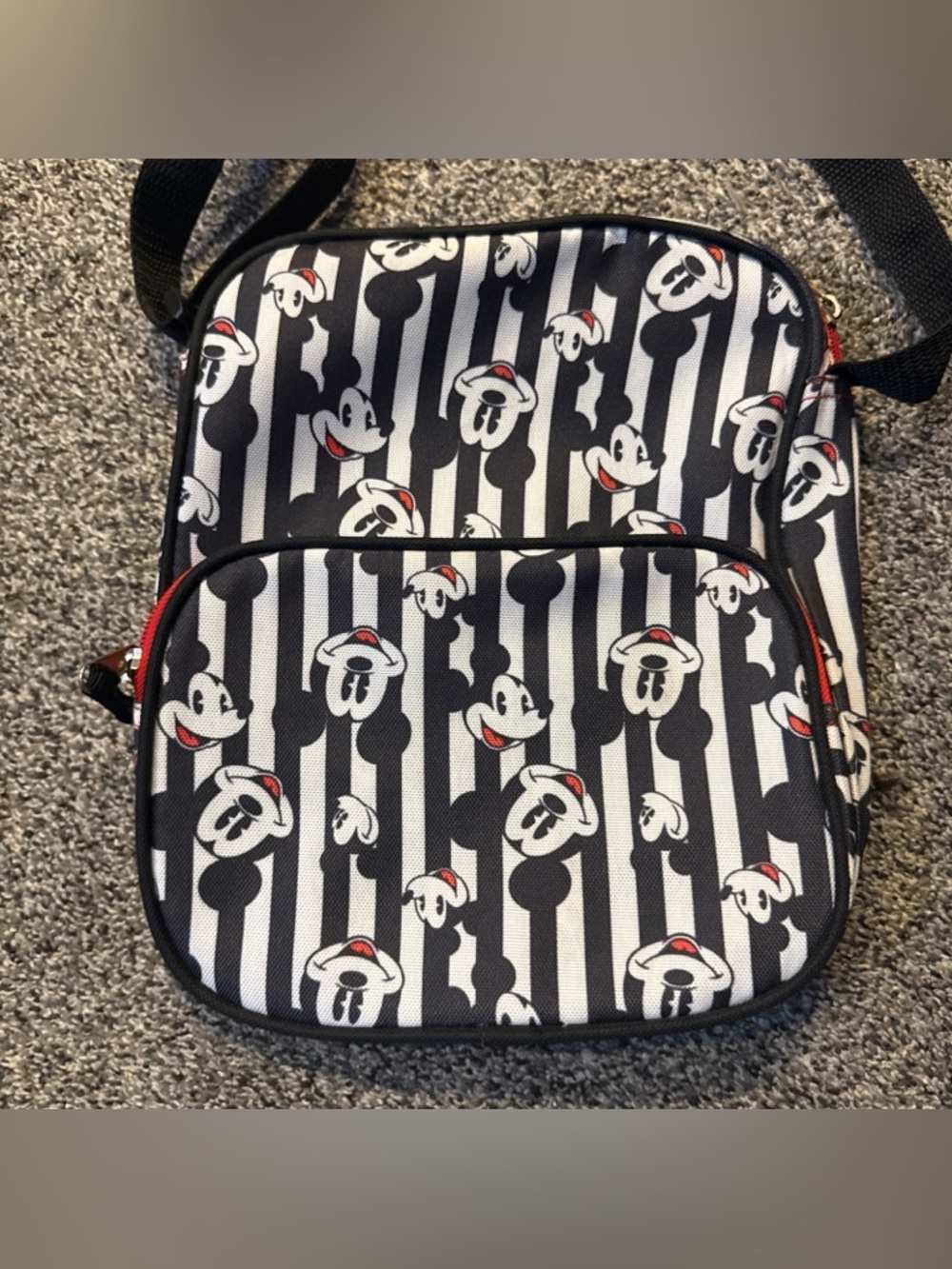 Disney Mickey Mouse Icon Face Crossbody Bag Striped Black White Red 10”x8”